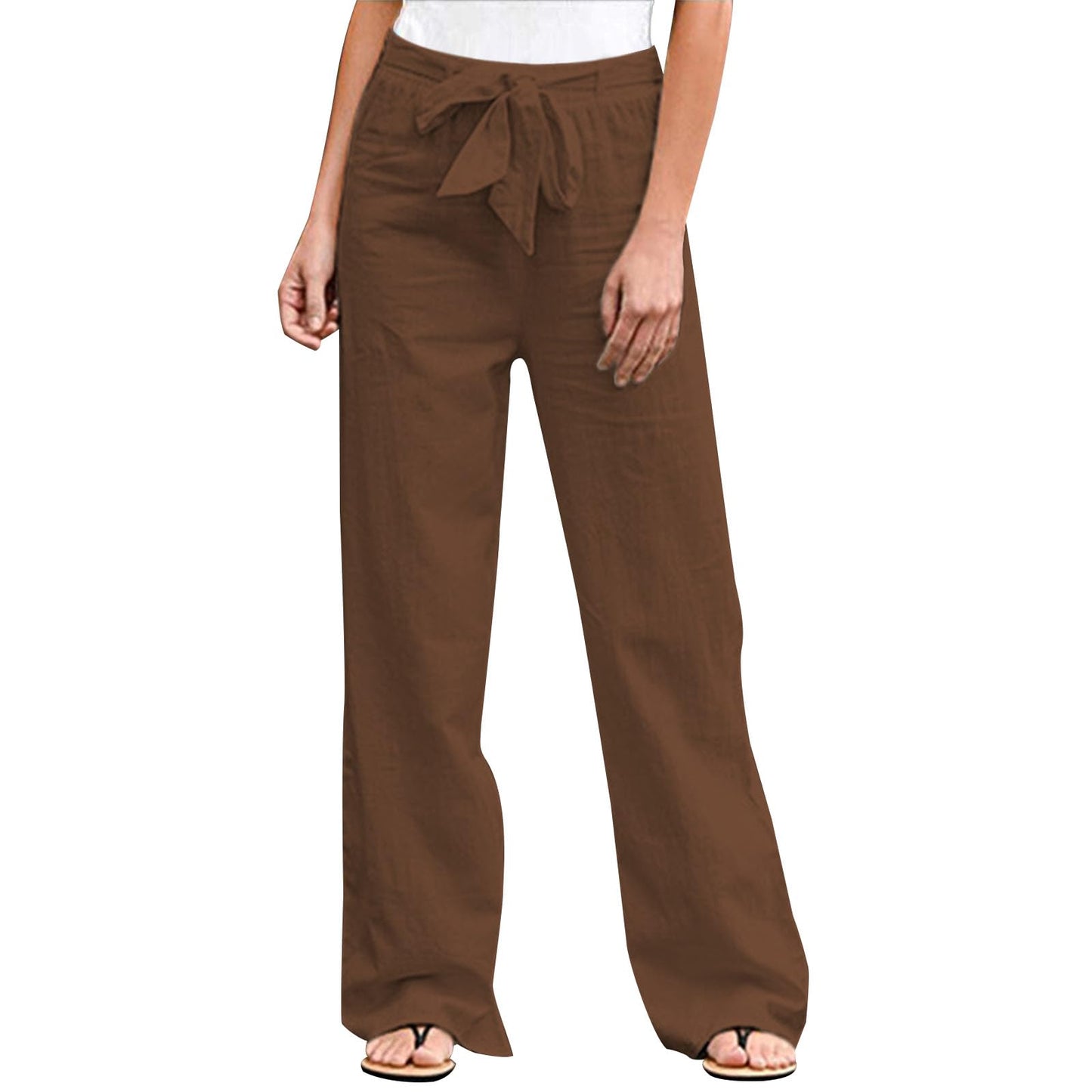 GYMBULL Womens Cotton Linen Summer Pants Tie High Waisted Casual Straight Leg Pants Dressy Palazzo Soft Trousers with Pockets