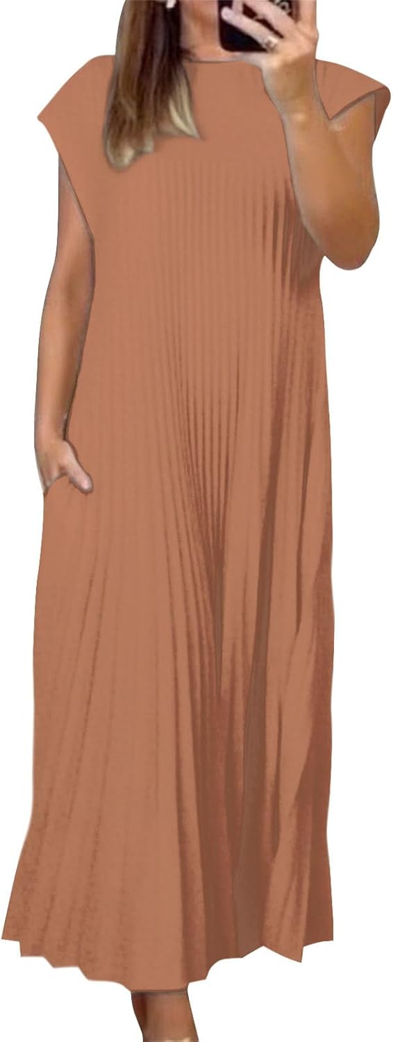 Alivebody Pleated Maxi Dress for Women Flowy Sleeveless Crew Neck Summer Dress with Pockets Casual Loose Long Sun Dress