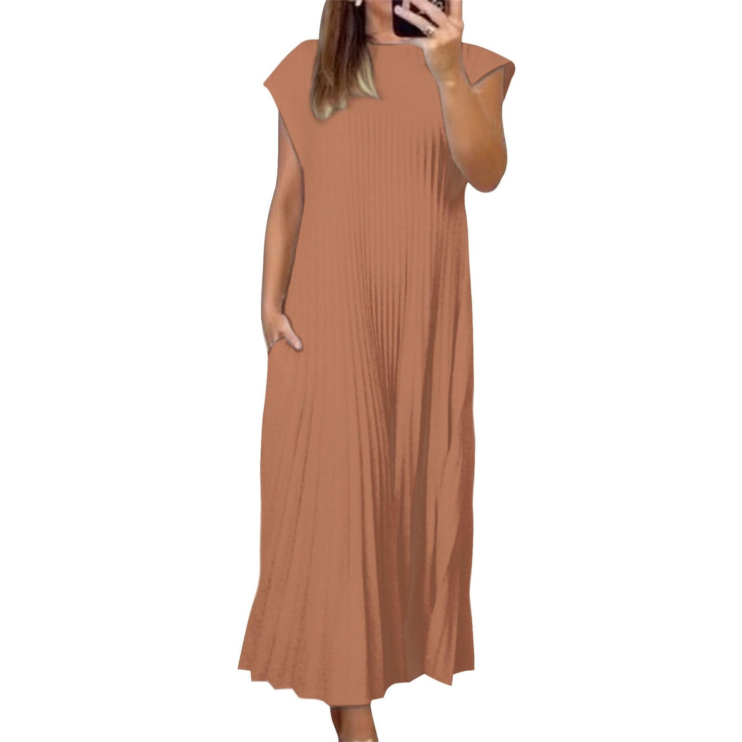Alivebody Pleated Maxi Dress for Women Flowy Sleeveless Crew Neck Summer Dress with Pockets Casual Loose Long Sun Dress