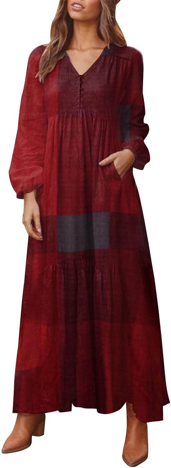 Alivebody Vintage Dresses for Women, Long Sleeve High Waisted Swing Retro Ethnic Boho Casual V Neck Maxi Dress with Pockets