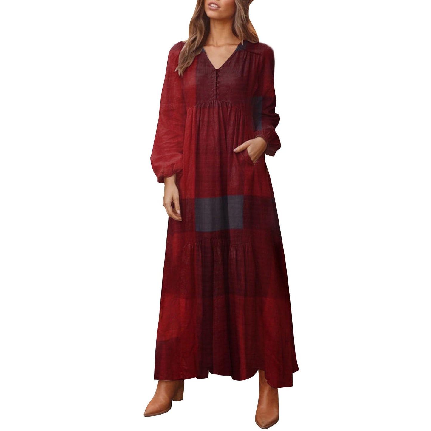 Alivebody Vintage Dresses for Women, Long Sleeve High Waisted Swing Retro Ethnic Boho Casual V Neck Maxi Dress with Pockets
