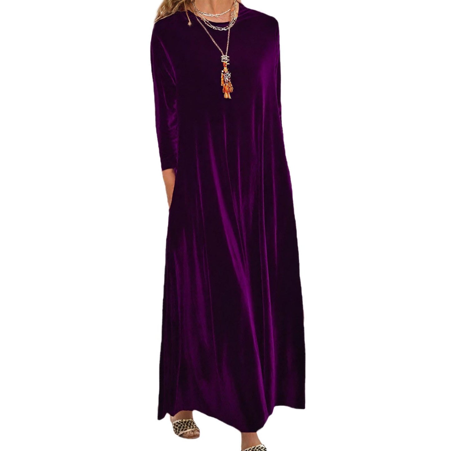 Embryform Velvet Dress for Women Spring Maxi Dress 2026 Plus Size Short Sleeve Velvet Casual Loose Elegant Crew Neck with Pocket