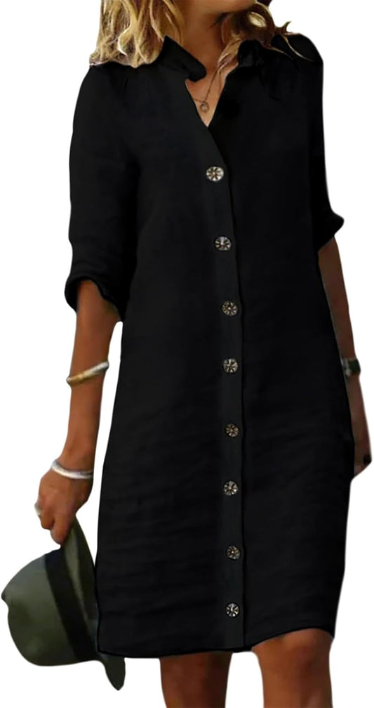 GYMTSL Linen Button Down Midi Shirt Dress for Women, Elbow Sleeve Knee Length Loose Casual Spring Summer Linen Button Dress