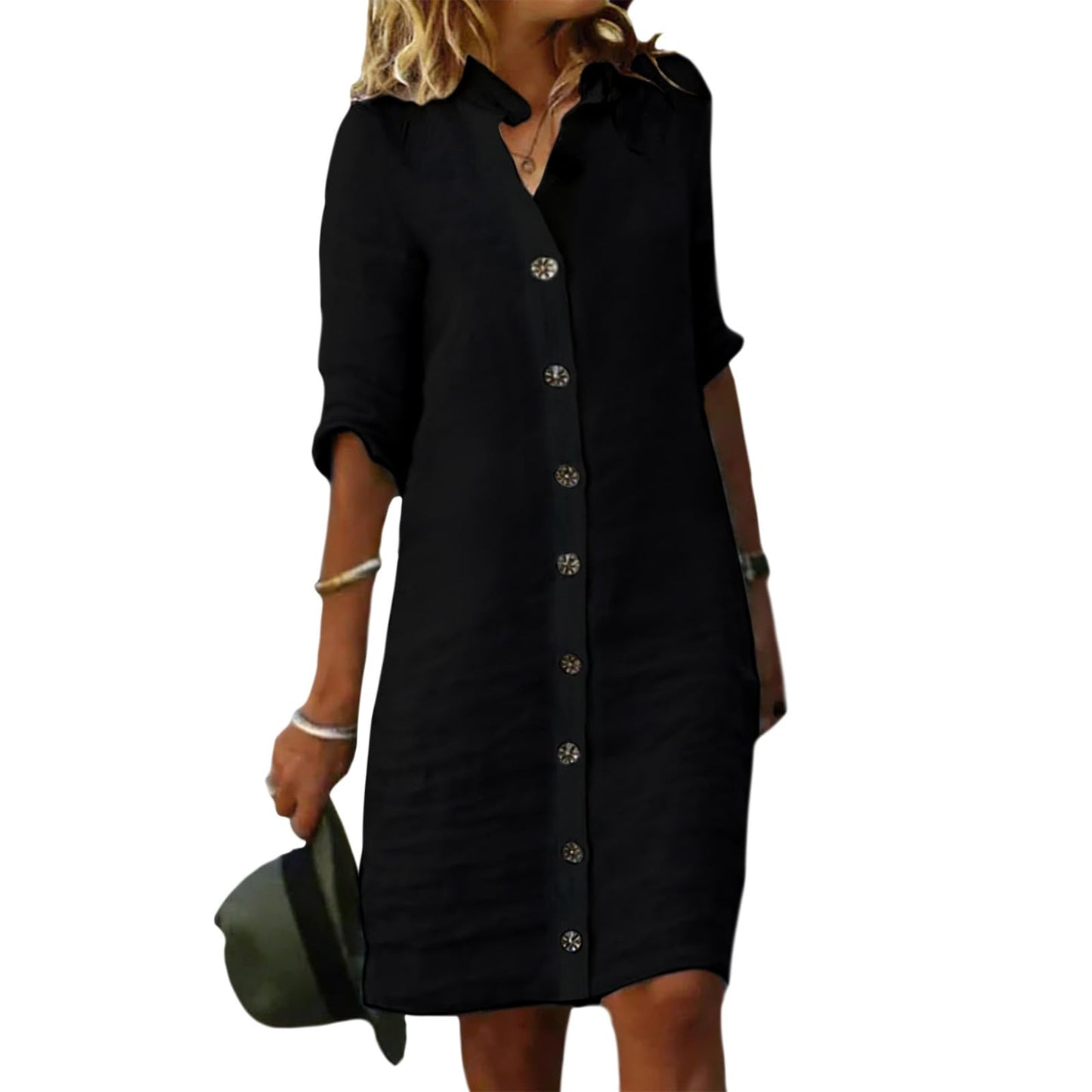 GYMTSL Linen Button Down Midi Shirt Dress for Women, Elbow Sleeve Knee Length Loose Casual Spring Summer Linen Button Dress