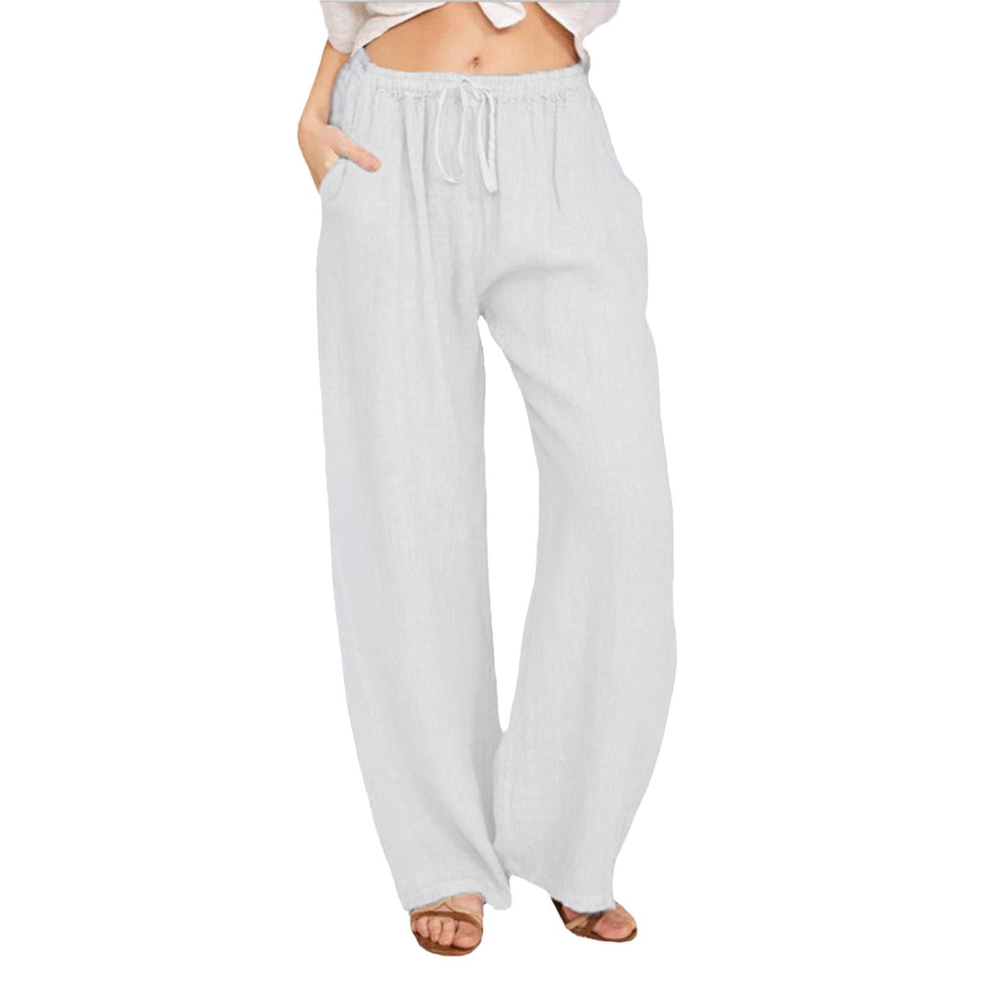 WAZZAP Women Pure Linen Wide Leg Pants High Waisted Drawstring Loose Trousers with Pockets for Summer