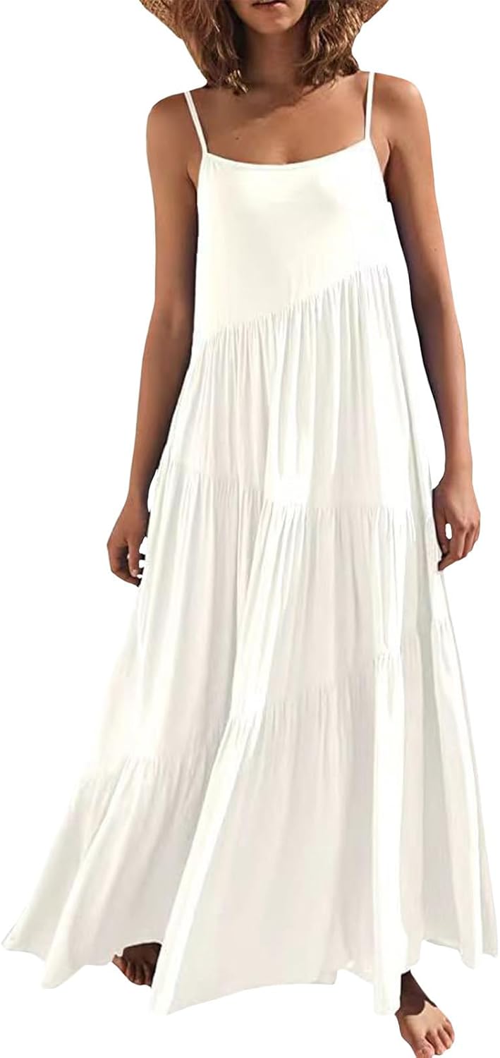 Bejirog Summer Spaghetti Strap Maxi Dress for Women, Tiered Ruffle Vacation Beach Square Neck Long Flowy Cami Sun Dress