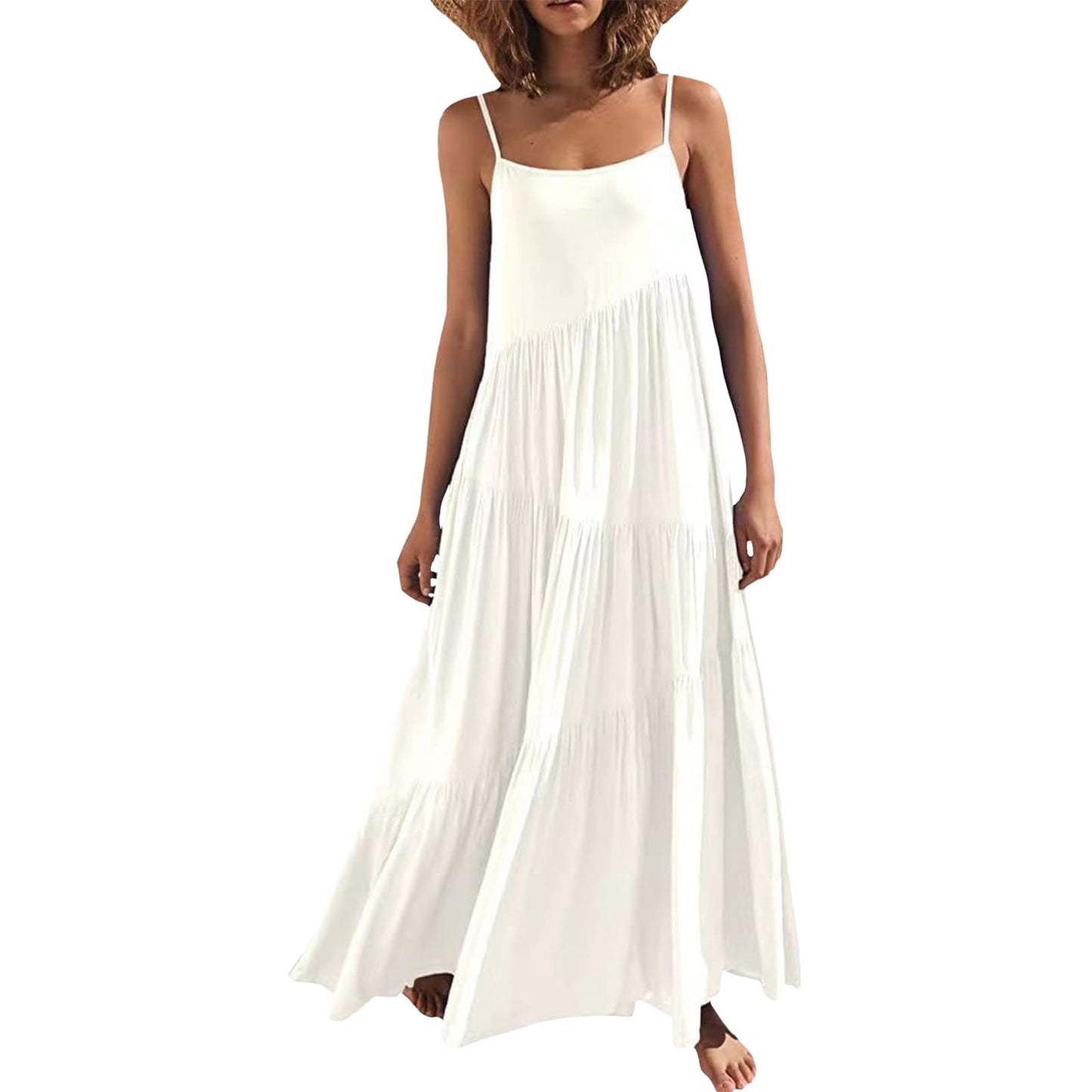 Bejirog Summer Spaghetti Strap Maxi Dress for Women, Tiered Ruffle Vacation Beach Square Neck Long Flowy Cami Sun Dress