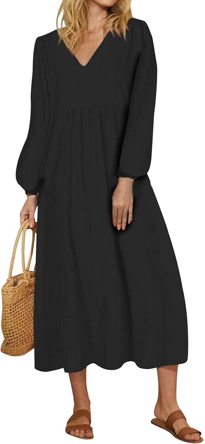 Alivebody Women's Cotton Linen V Neck Midi Dress with Lantern Sleeve, Loose A Line High Waisted Casual Spring Summer Dresses