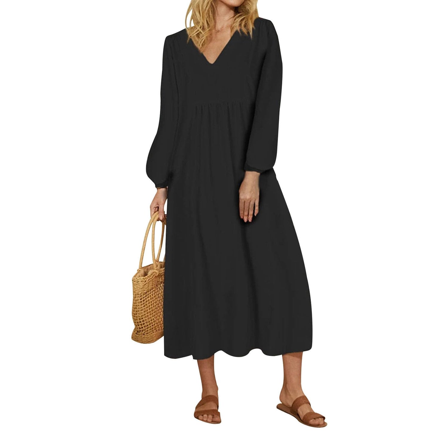 Alivebody Women's Cotton Linen V Neck Midi Dress with Lantern Sleeve, Loose A Line High Waisted Casual Spring Summer Dresses