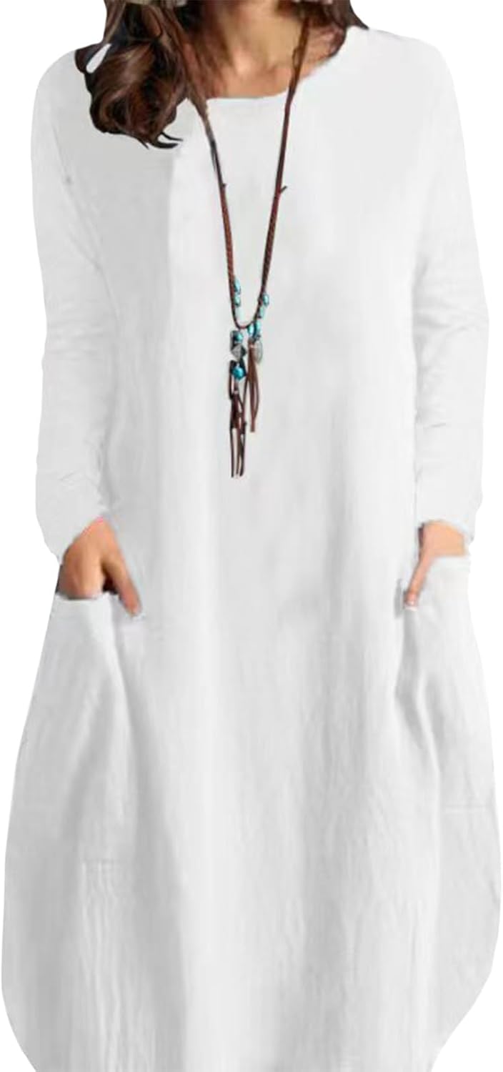 Gymrex Summer Linen Tunic Dress for Women,Long Sleeve Loose Casual Crew Neck Midi Linen Shirt Plus Size Dress with Pockets