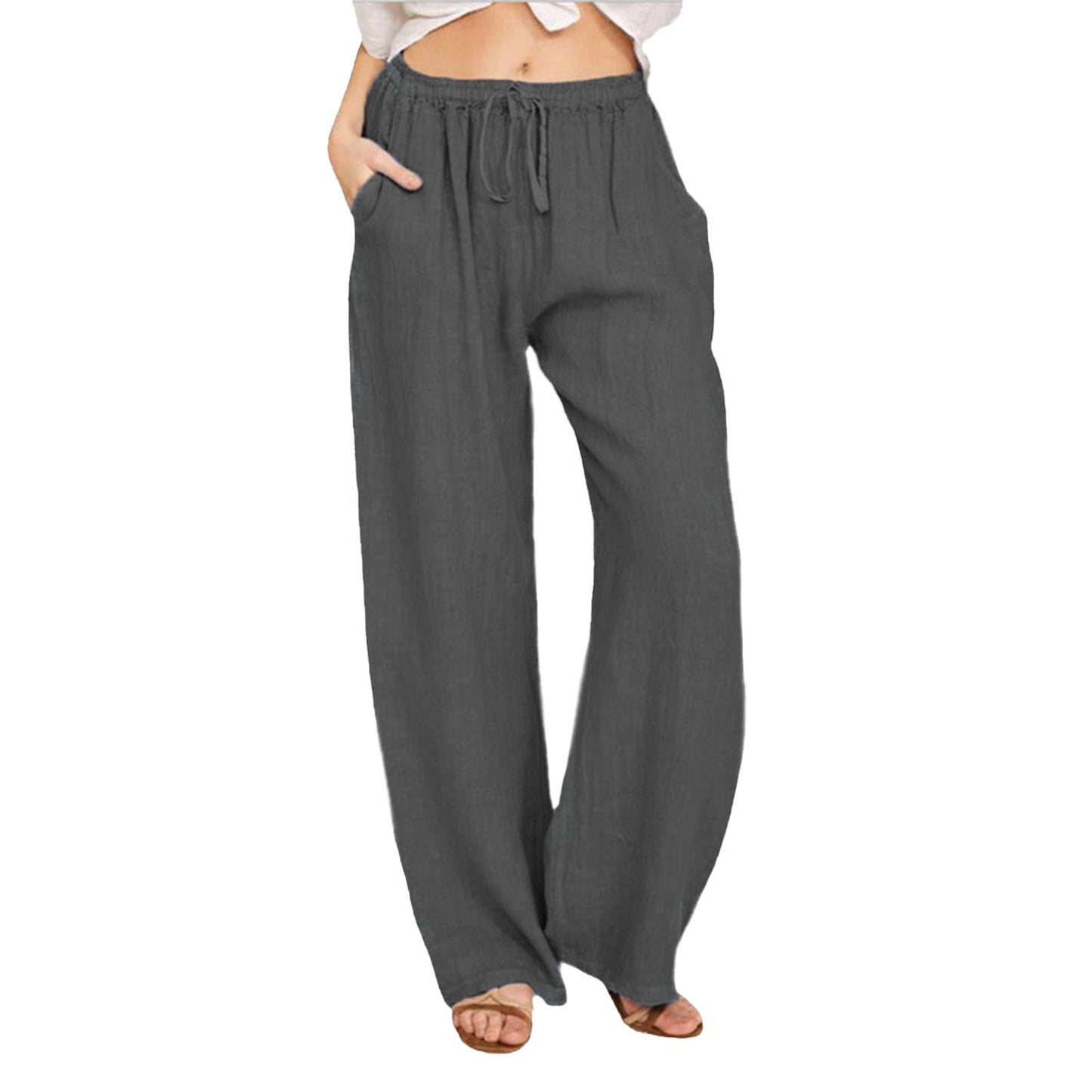 WAZZAP Women Pure Linen Wide Leg Pants High Waisted Drawstring Loose Trousers with Pockets for Summer