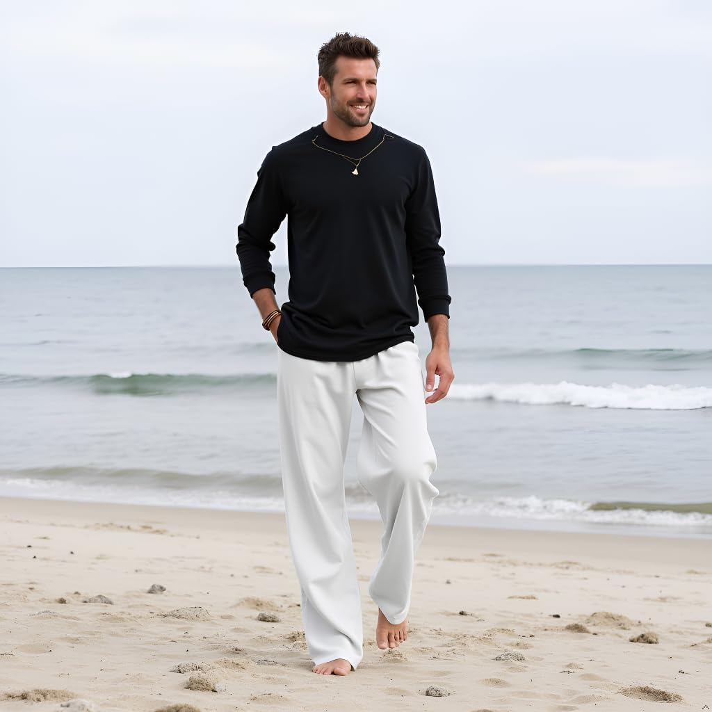 Befox Men Linen Pants,Casual Lightweight Loose Fit Elastic Drawstring Waist Loose Trousers Summer Beach Pants