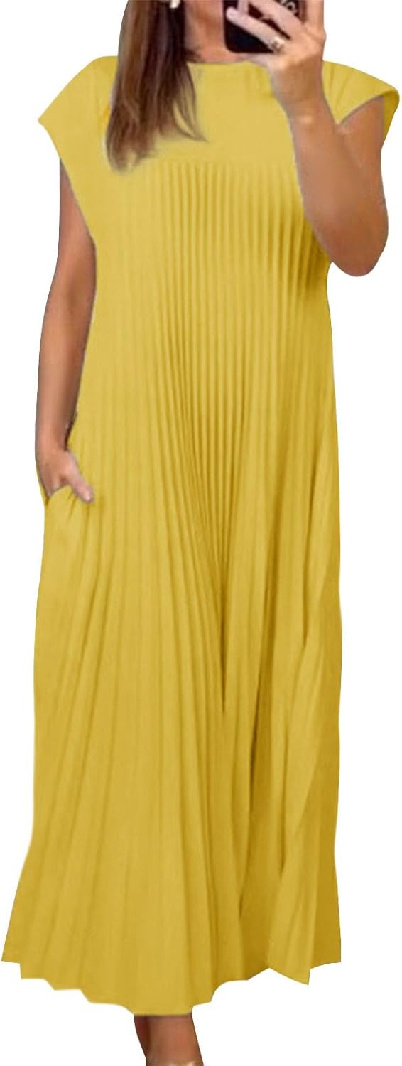 Alivebody Pleated Maxi Dress for Women Flowy Sleeveless Crew Neck Summer Dress with Pockets Casual Loose Long Sun Dress
