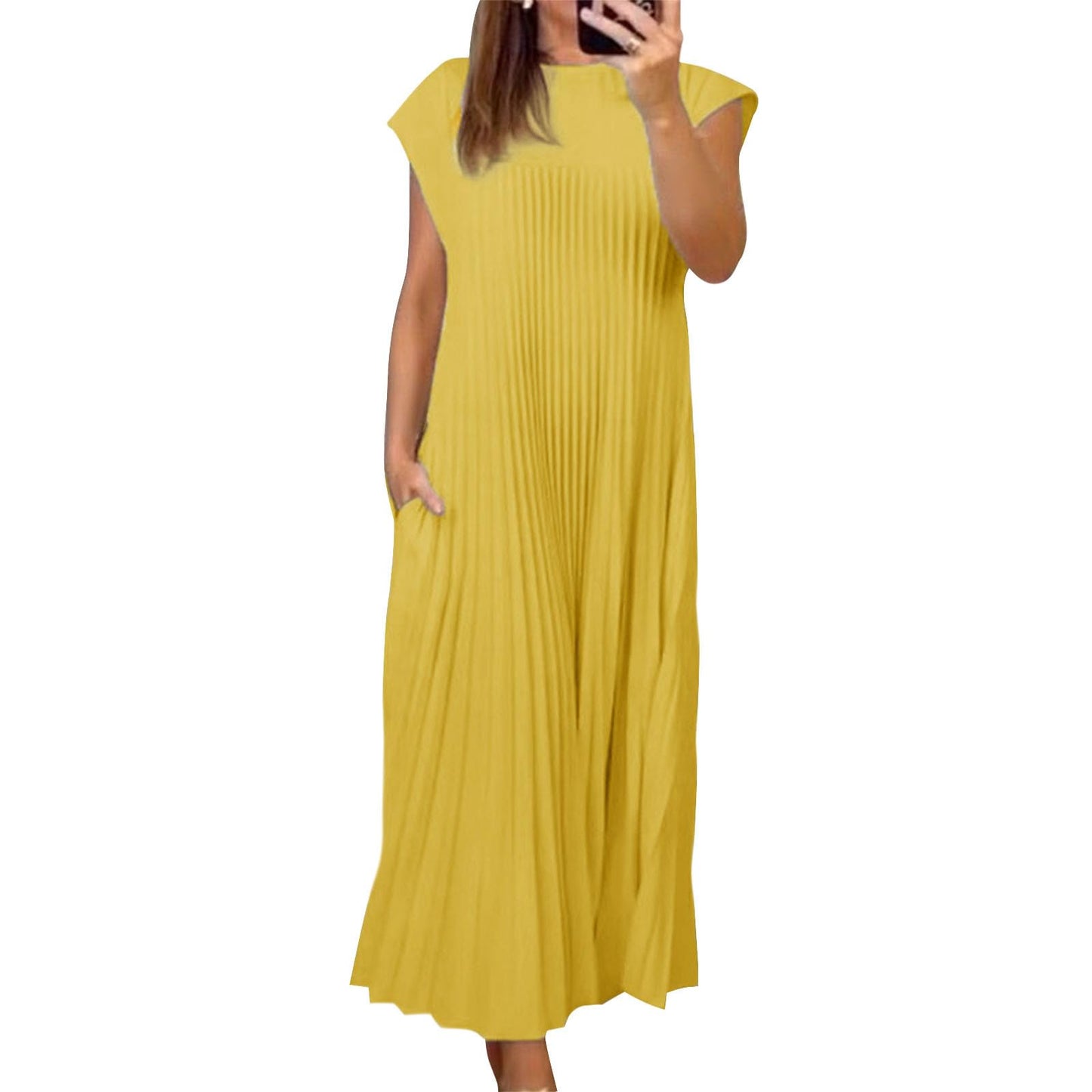 Alivebody Pleated Maxi Dress for Women Flowy Sleeveless Crew Neck Summer Dress with Pockets Casual Loose Long Sun Dress