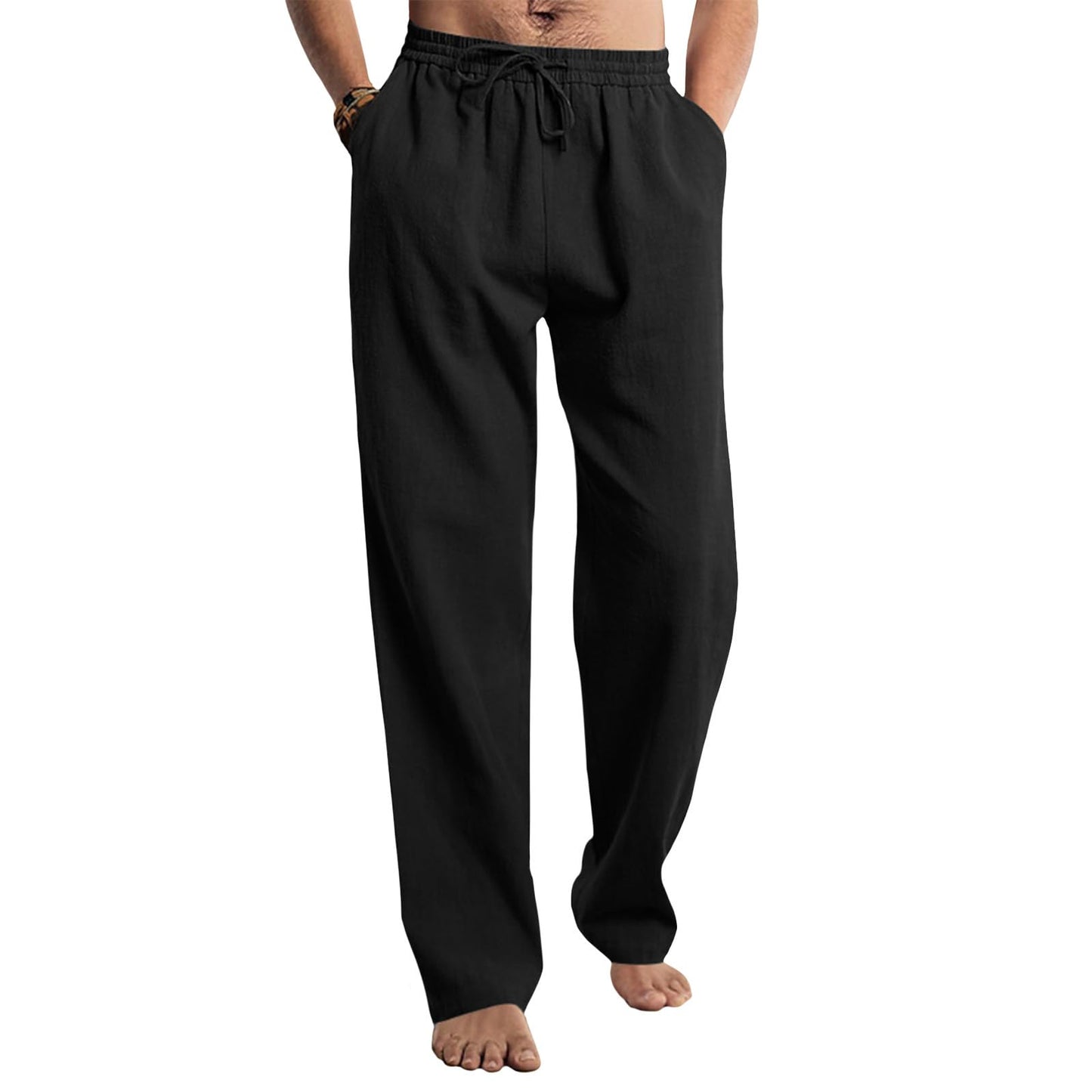Befox Men Linen Pants,Casual Lightweight Loose Fit Elastic Drawstring Waist Loose Trousers Summer Beach Pants