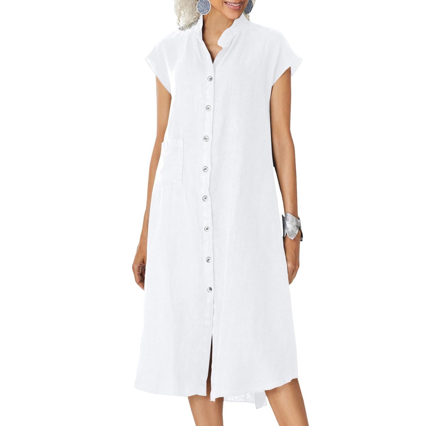 NAILONG Linen Button Up Shirt Dress for Women, Cap Sleeve Summer Casual Flowy Beach Vacation Linen Midi Dress with Pockets