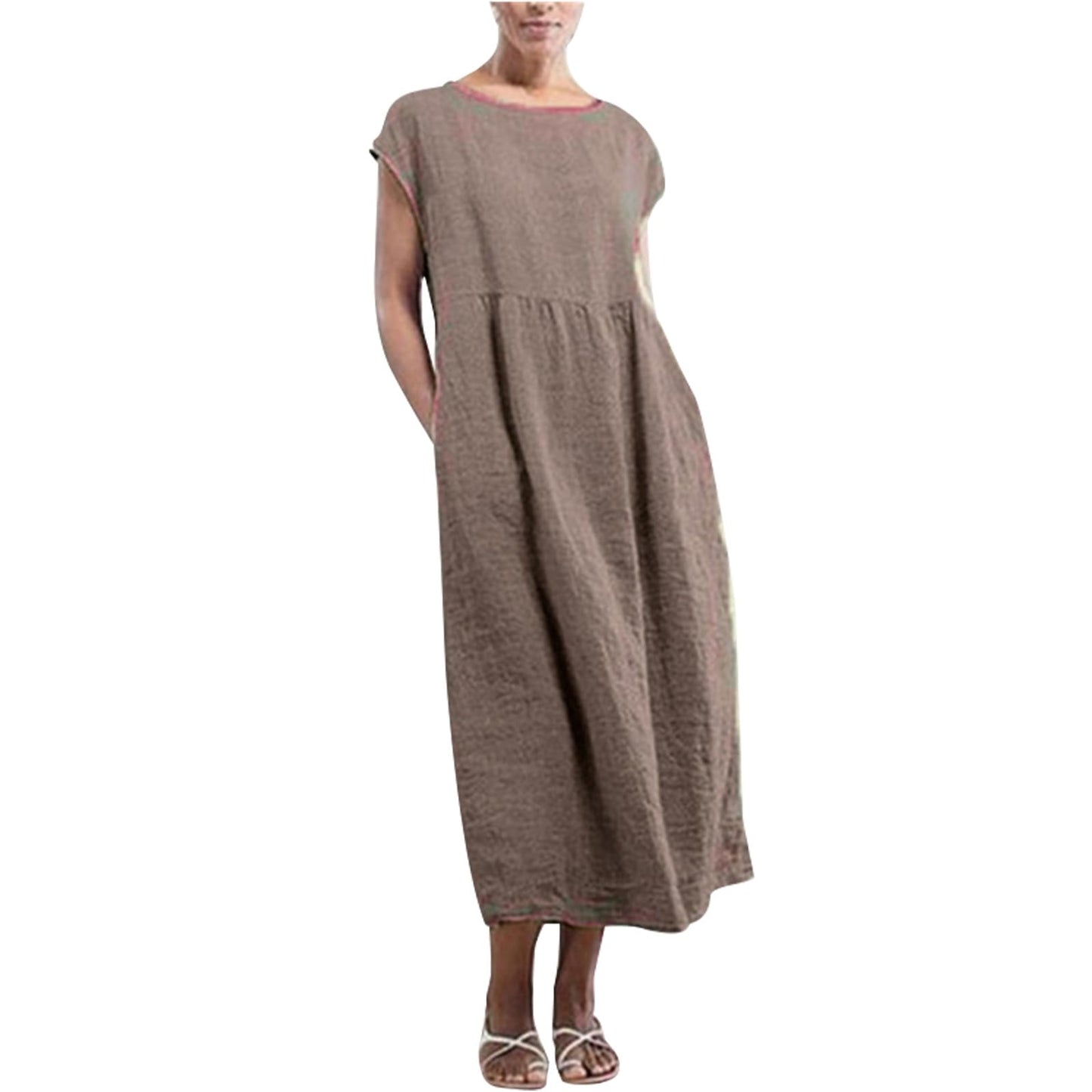 gukoo Cotton Linen Dress for Women Short Sleeve Casual Crew Neck Loose Maxi Summer 2026 Beach Vacation Dress with Pockets