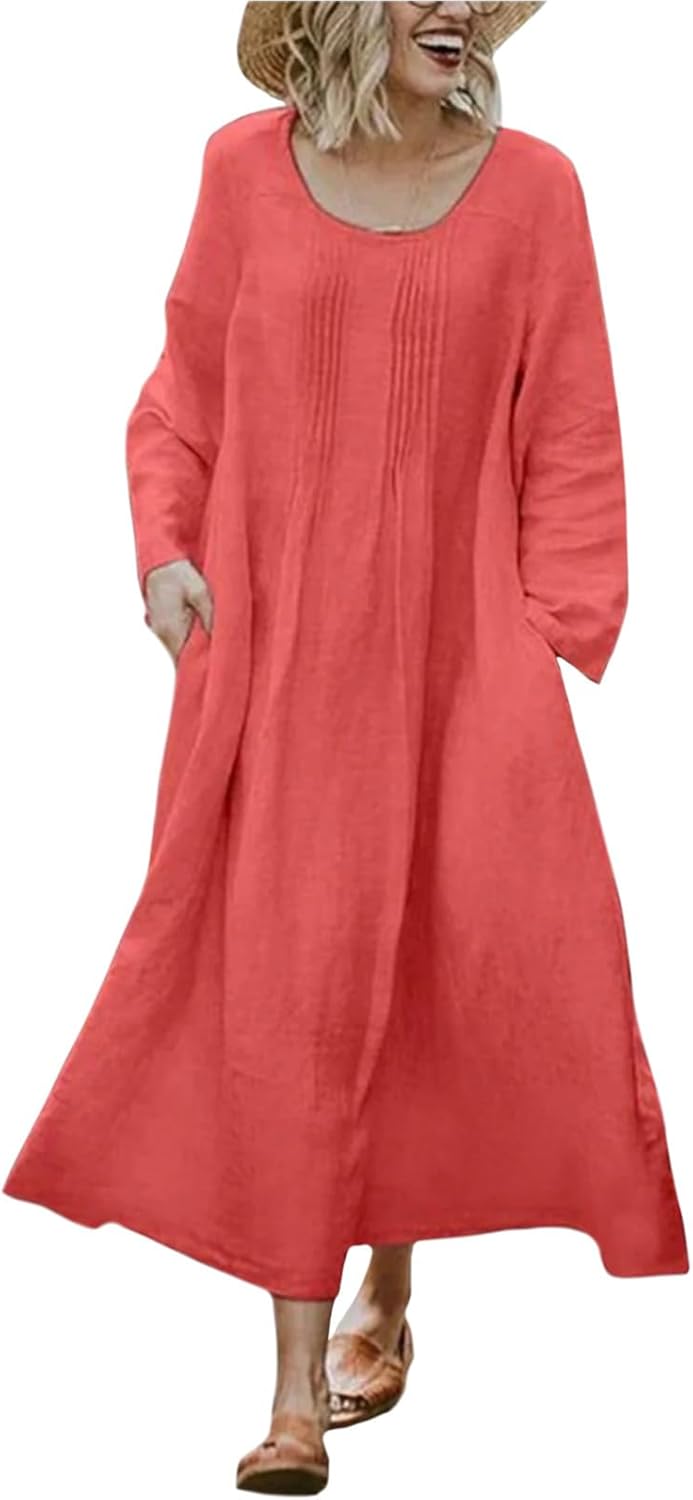 Bejirog Plus Size Linen Dresses for Women Long Sleeve Loose Crew Neck Oversized Casual Spring Fall Maxi Dress with Pockets