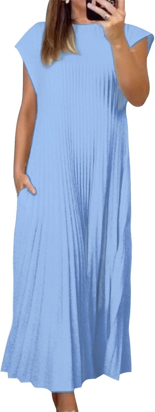 Alivebody Pleated Maxi Dress for Women Flowy Sleeveless Crew Neck Summer Dress with Pockets Casual Loose Long Sun Dress