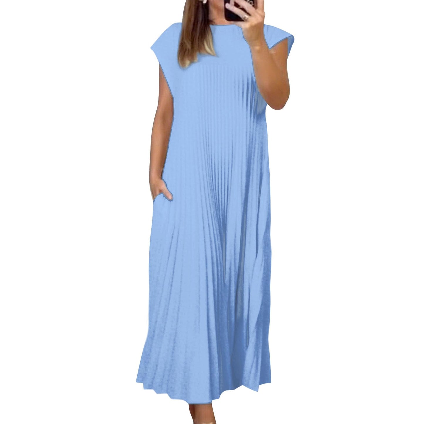 Alivebody Pleated Maxi Dress for Women Flowy Sleeveless Crew Neck Summer Dress with Pockets Casual Loose Long Sun Dress