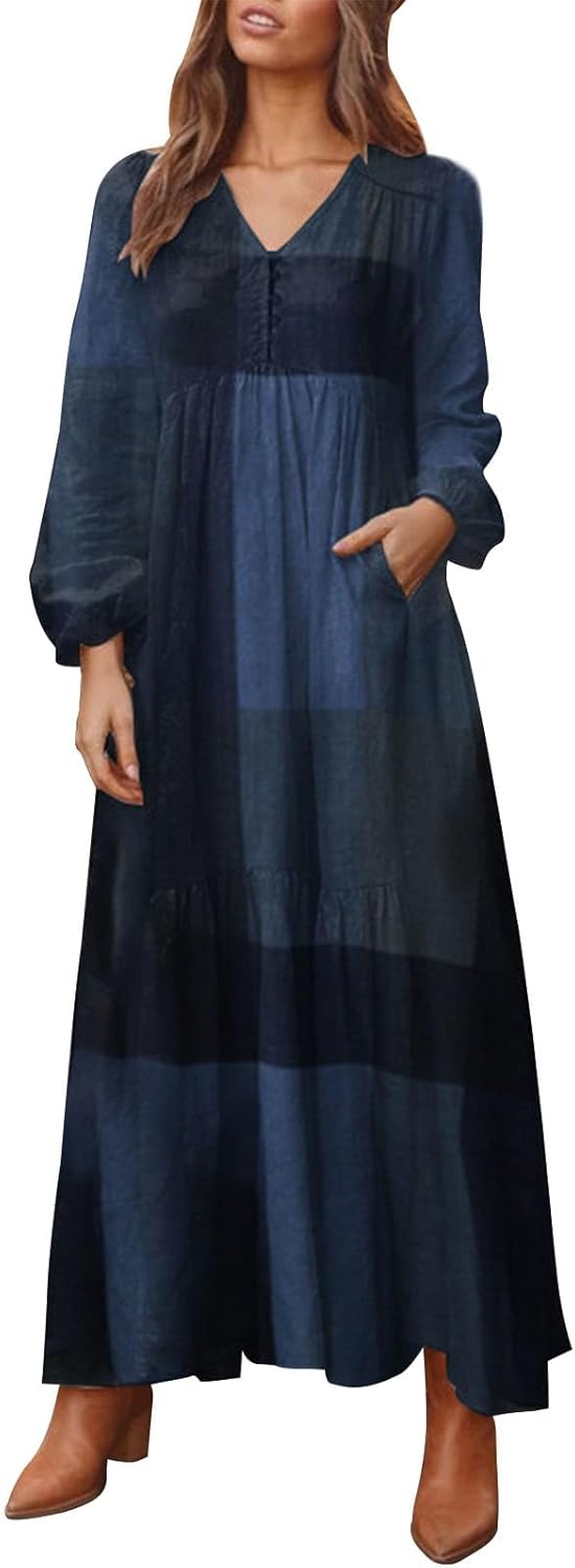 Alivebody Vintage Dresses for Women, Long Sleeve High Waisted Swing Retro Ethnic Boho Casual V Neck Maxi Dress with Pockets