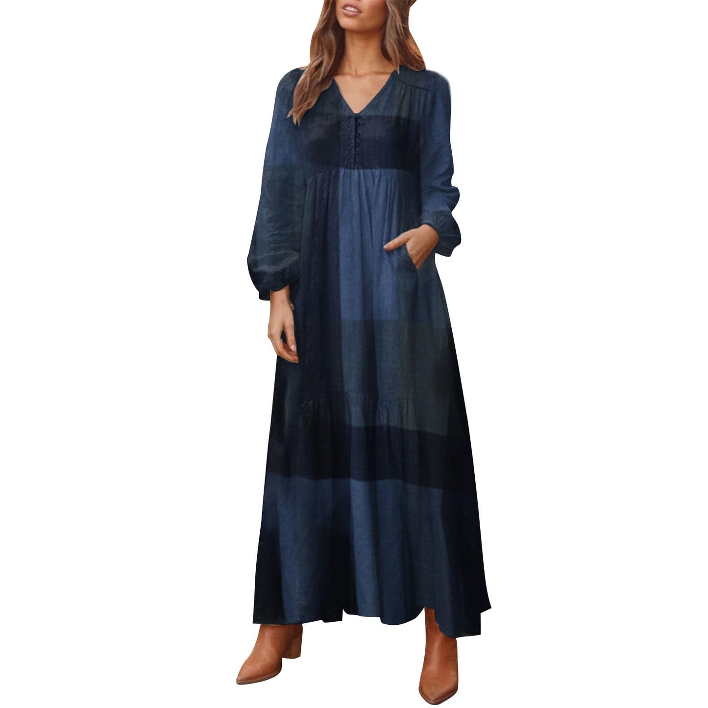 Alivebody Vintage Dresses for Women, Long Sleeve High Waisted Swing Retro Ethnic Boho Casual V Neck Maxi Dress with Pockets