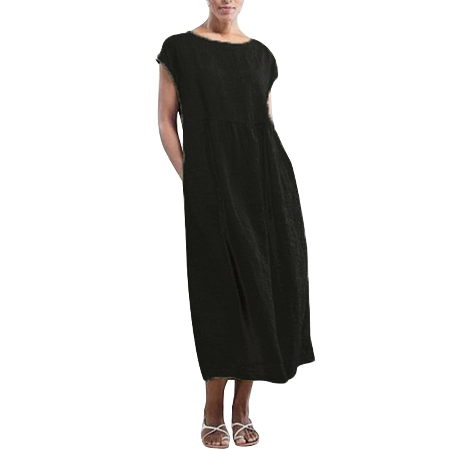 gukoo Cotton Linen Dress for Women Short Sleeve Casual Crew Neck Loose Maxi Summer 2026 Beach Vacation Dress with Pockets