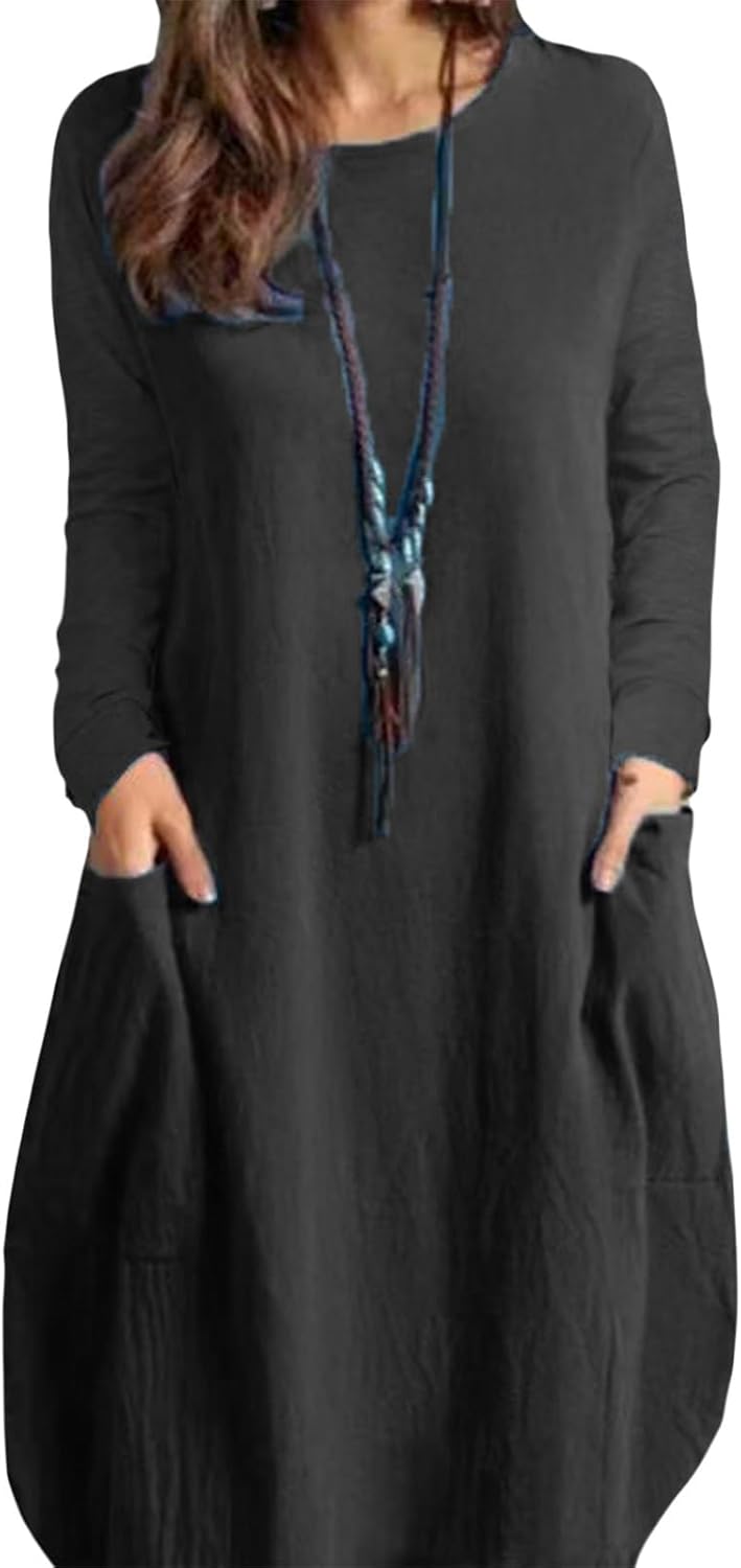 Gymrex Summer Linen Tunic Dress for Women,Long Sleeve Loose Casual Crew Neck Midi Linen Shirt Plus Size Dress with Pockets