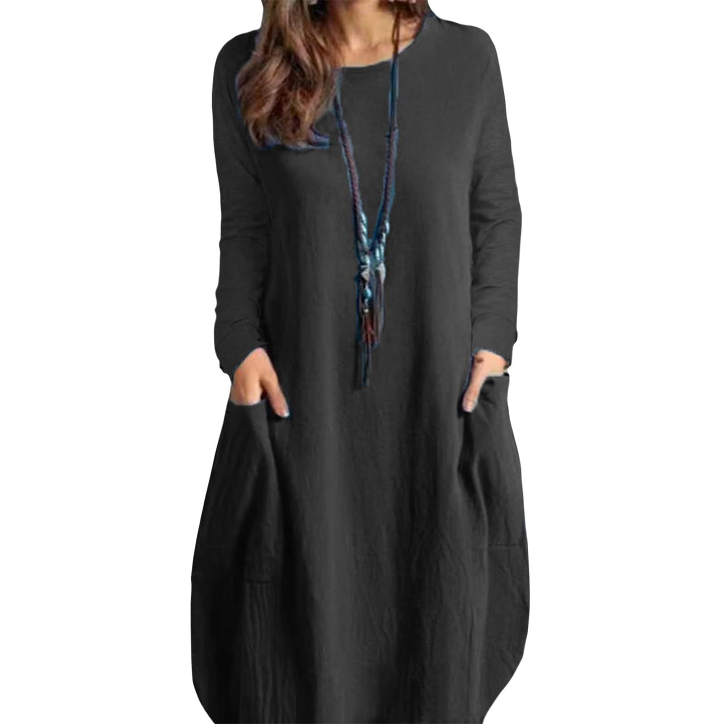 Gymrex Summer Linen Tunic Dress for Women,Long Sleeve Loose Casual Crew Neck Midi Linen Shirt Plus Size Dress with Pockets