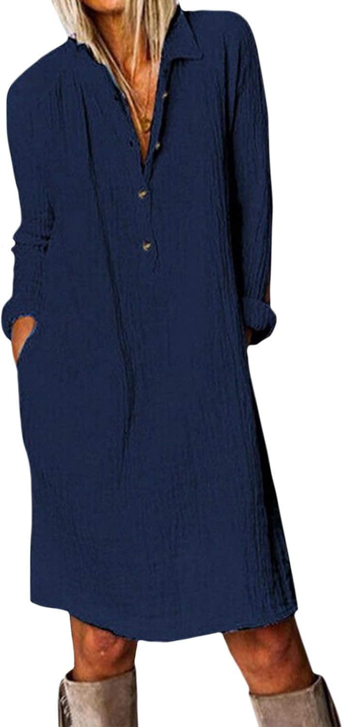 NAILONG Cotton Button Down Shirt Dress for Women Long Sleeve Midi Spring Summer Casual Loose Tshirt Dress with Pockets