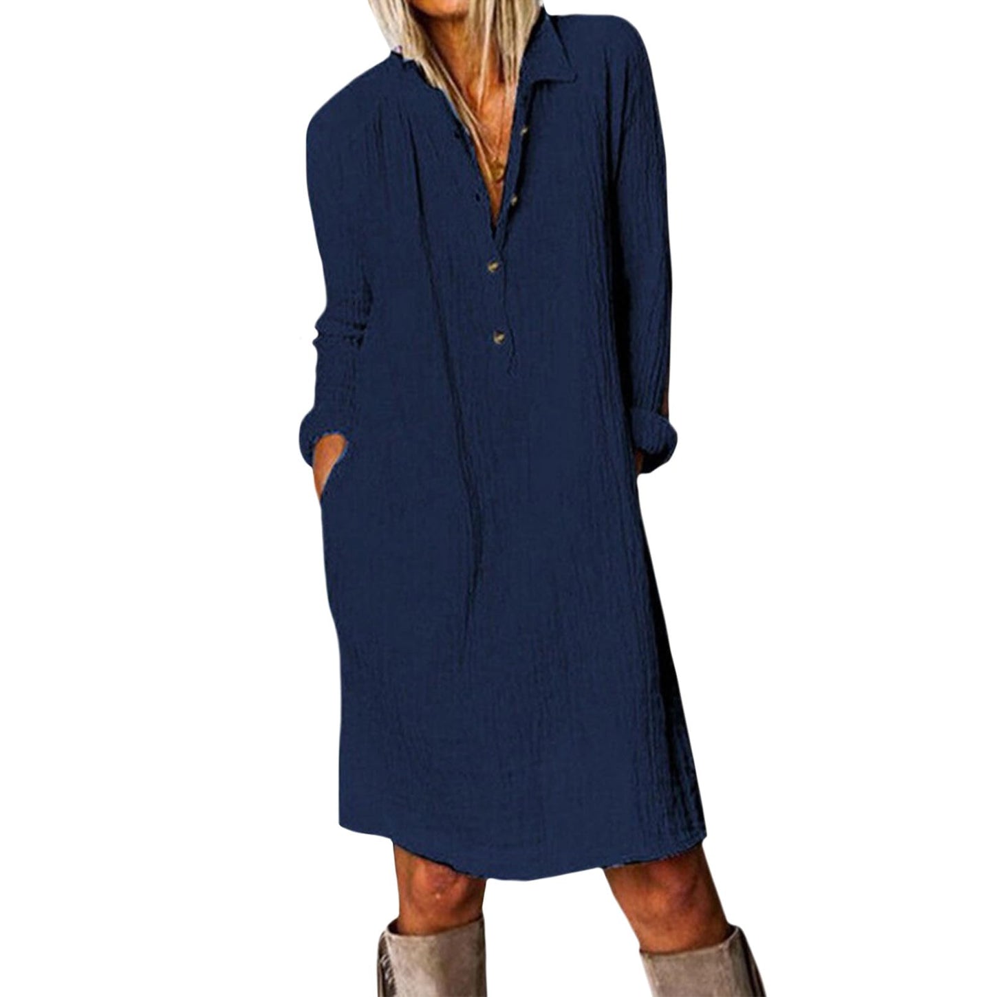 NAILONG Cotton Button Down Shirt Dress for Women Long Sleeve Midi Spring Summer Casual Loose Tshirt Dress with Pockets