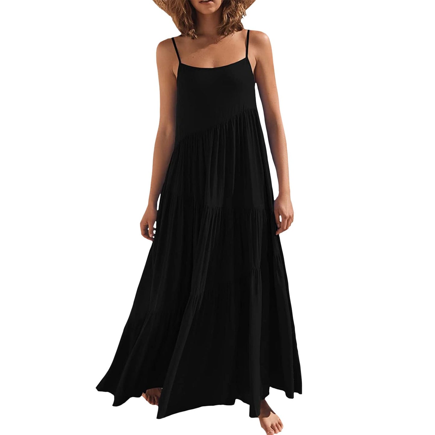 Bejirog Summer Spaghetti Strap Maxi Dress for Women, Tiered Ruffle Vacation Beach Square Neck Long Flowy Cami Sun Dress