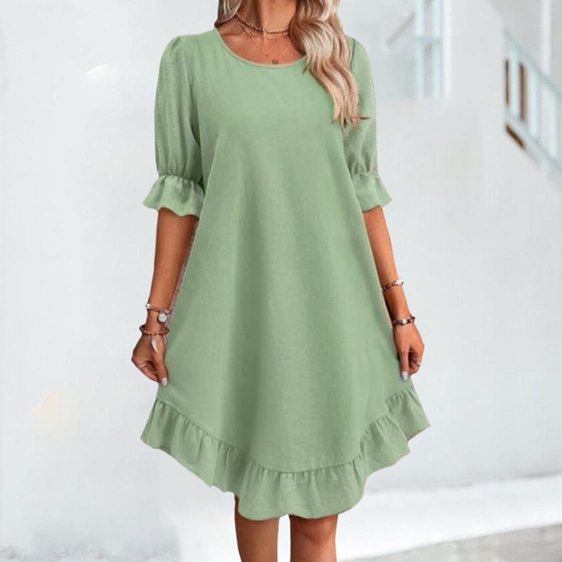 Reigee Cotton Dresses for Women Casual Summer Vacation Midi Ruffled Skirt Crewneck Falbala Solid Basic Dress
