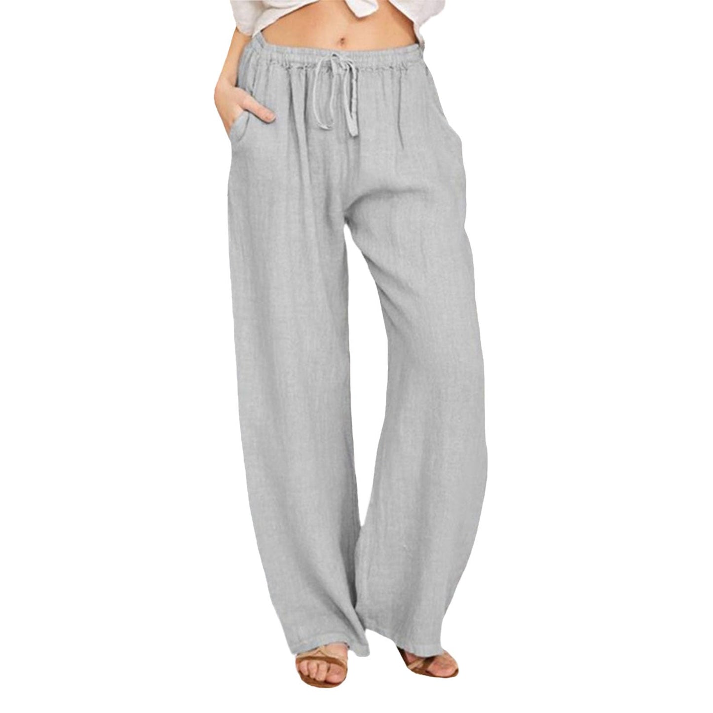 WAZZAP Women Pure Linen Wide Leg Pants High Waisted Drawstring Loose Trousers with Pockets for Summer