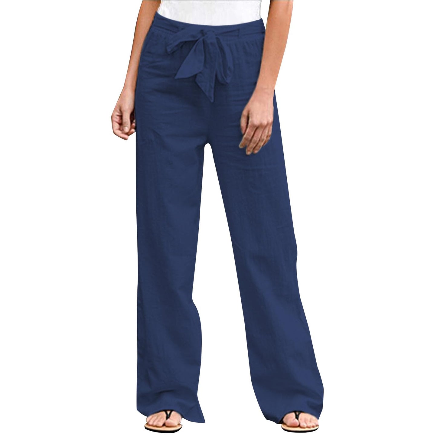 GYMBULL Womens Cotton Linen Summer Pants Tie High Waisted Casual Straight Leg Pants Dressy Palazzo Soft Trousers with Pockets