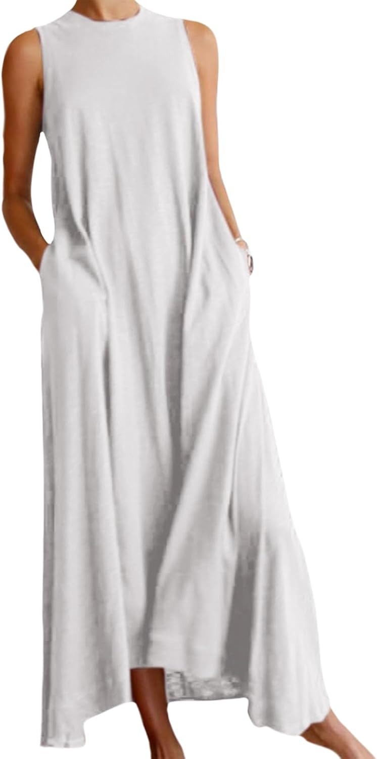 Bejirog Sleeveless Summer Dresses for Women,2026 Casual Tank Top Long Maxi A Line Swing Dress Crew Neck with Pockets