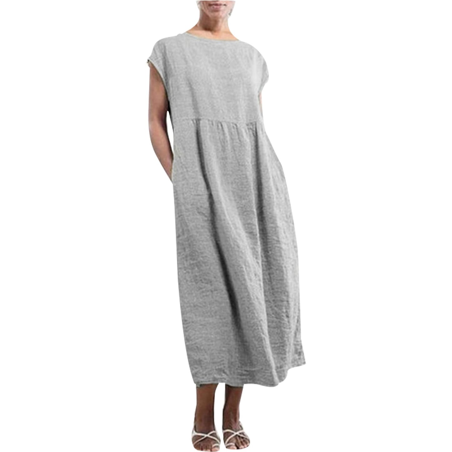 FONDBERYL Cotton Linen Dress for Women Short Sleeve Casual Crew Neck Loose Maxi Summer 2026 Beach Vacation Dress with Pockets