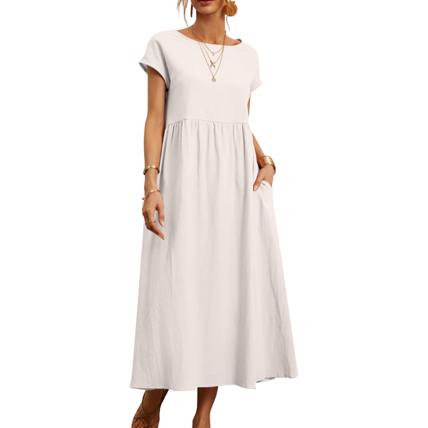 gukoo Cotton Linen Dress for Women Short Sleeve Casual Crew Neck Loose Maxi Summer 2026 Beach Vacation Dress with Pockets