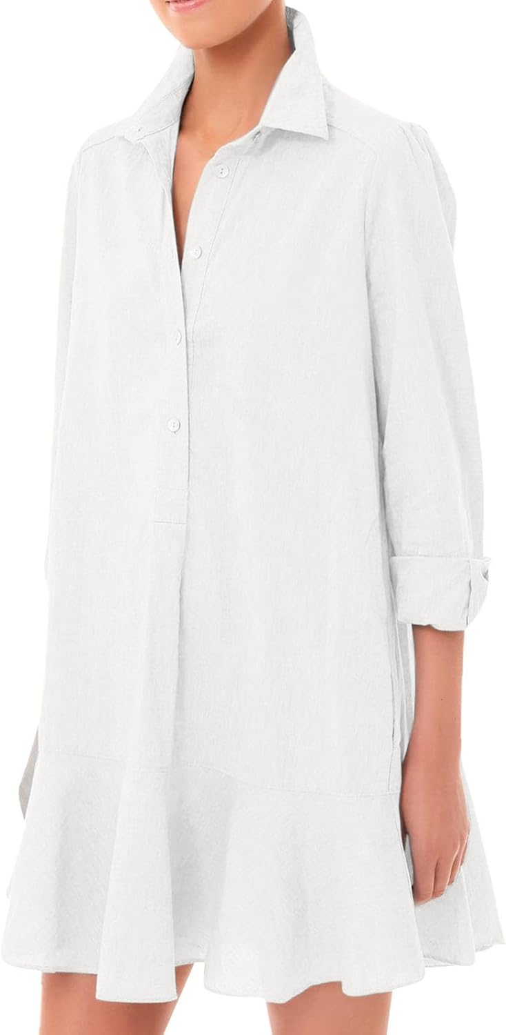JiffPom Tunic Shirt Dress for Women, Casual Cotton Linen Button Up Long Sleeve Mini Shift Dress with Ruffle Hem and Pockets