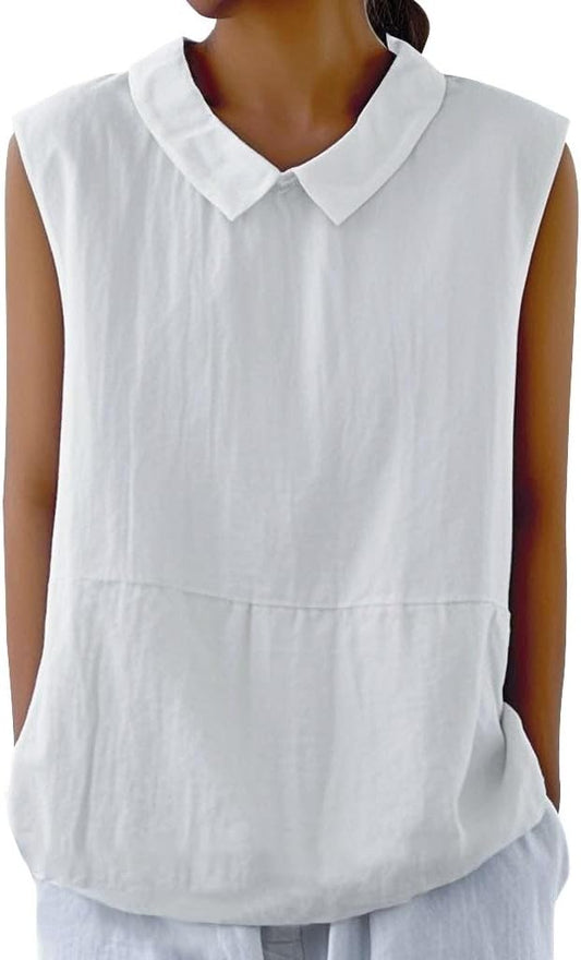 GYMBULL Womens Sleeveless Shirt Summer 2025 Fashion Cotton Loose Fit Collared Blouse Casual Trendy Tank Tops S White