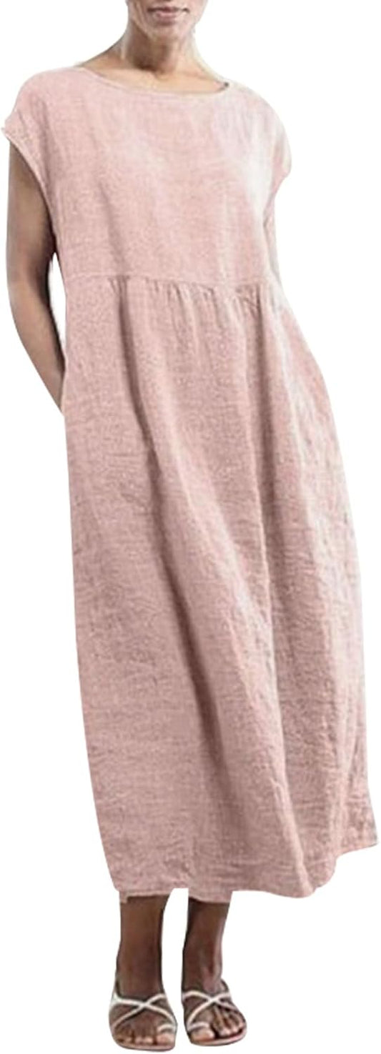 gukoo Cotton Linen Dress for Women Short Sleeve Casual Crew Neck Loose Maxi Summer 2026 Beach Vacation Dress with Pockets