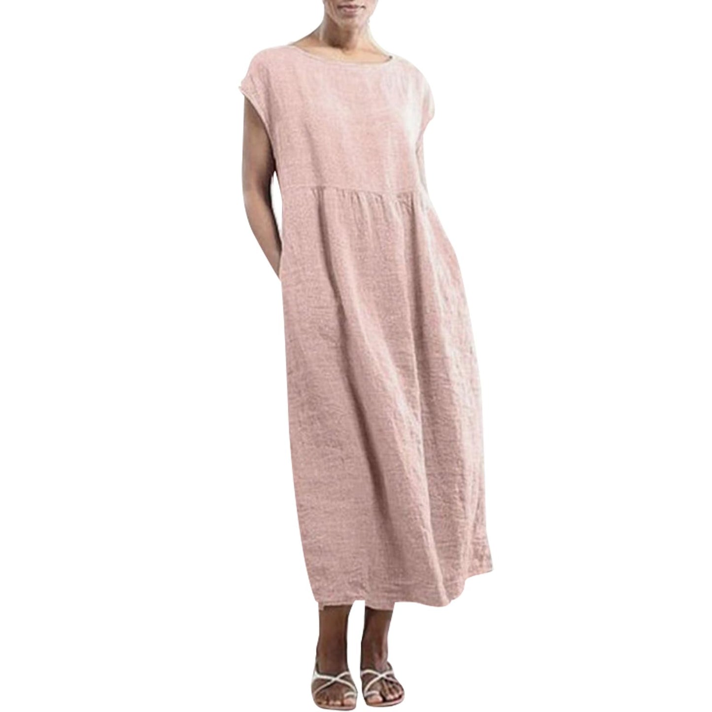 gukoo Cotton Linen Dress for Women Short Sleeve Casual Crew Neck Loose Maxi Summer 2026 Beach Vacation Dress with Pockets