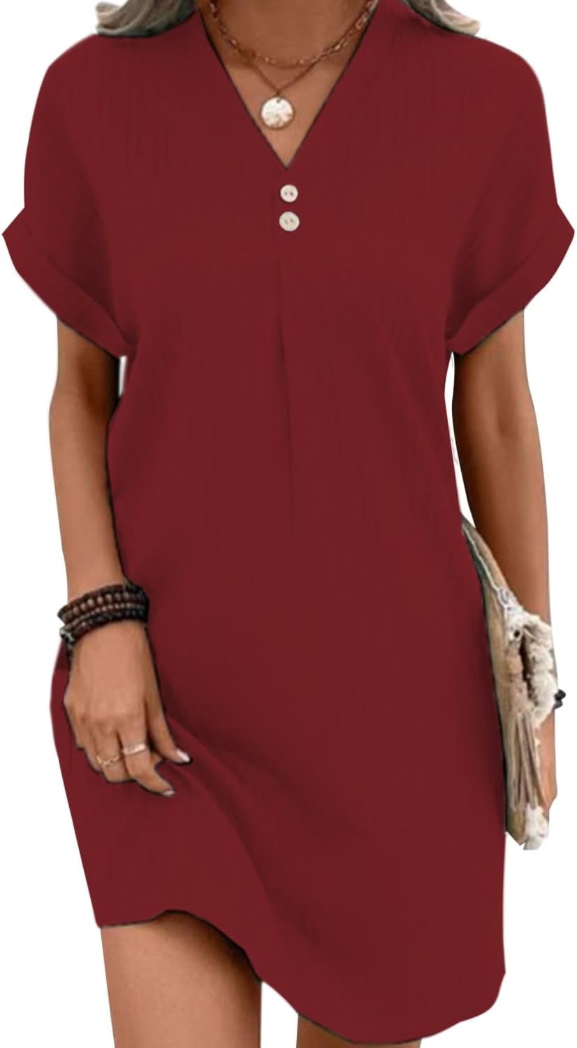 gukoo Summer Dresses for Women 2025 Button V Neck Short Sleeve Pleated Solid Loose Fit Casual Work Ladies Mini T Shirt Dress