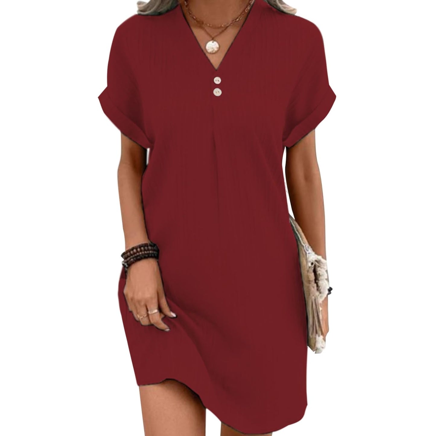gukoo Summer Dresses for Women 2025 Button V Neck Short Sleeve Pleated Solid Loose Fit Casual Work Ladies Mini T Shirt Dress