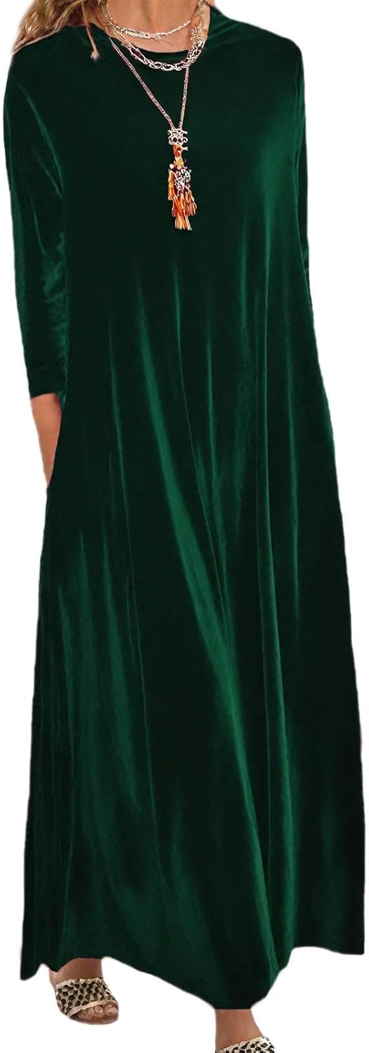 Embryform Velvet Dress for Women Spring Maxi Dress 2026 Plus Size Short Sleeve Velvet Casual Loose Elegant Crew Neck with Pocket