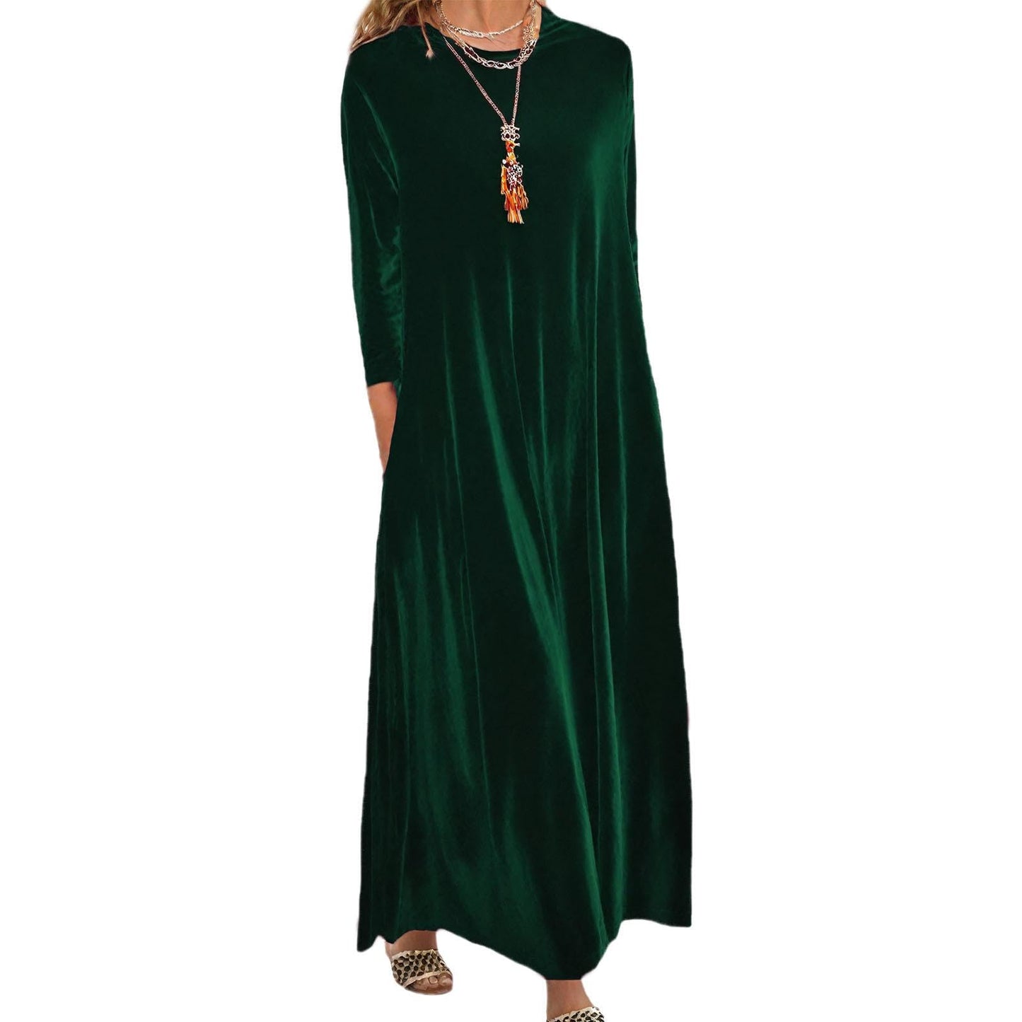 Embryform Velvet Dress for Women Spring Maxi Dress 2026 Plus Size Short Sleeve Velvet Casual Loose Elegant Crew Neck with Pocket