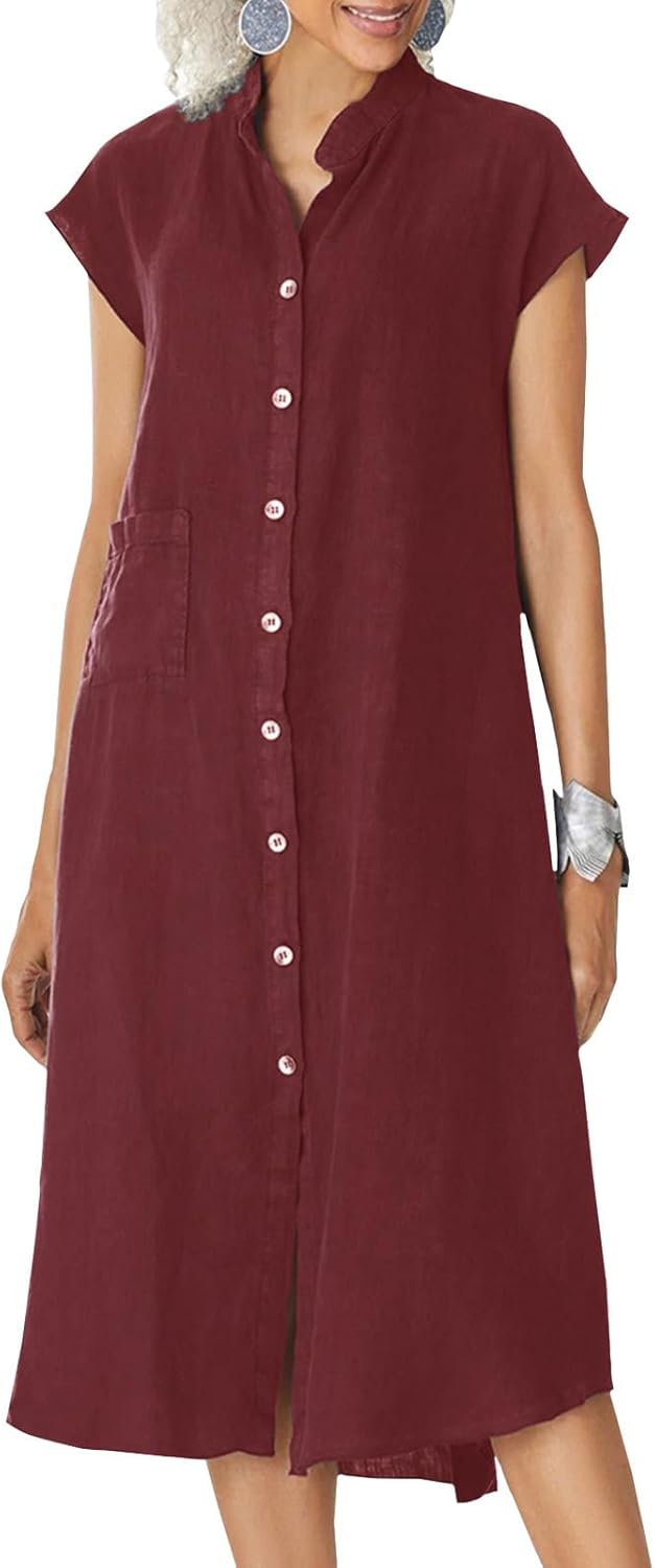 NAILONG Linen Button Up Shirt Dress for Women, Cap Sleeve Summer Casual Flowy Beach Vacation Linen Midi Dress with Pockets