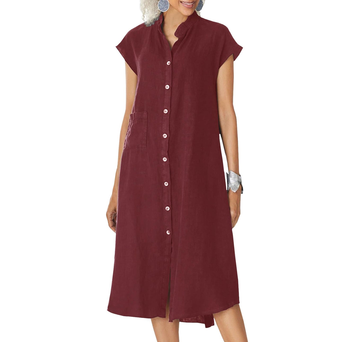 NAILONG Linen Button Up Shirt Dress for Women, Cap Sleeve Summer Casual Flowy Beach Vacation Linen Midi Dress with Pockets