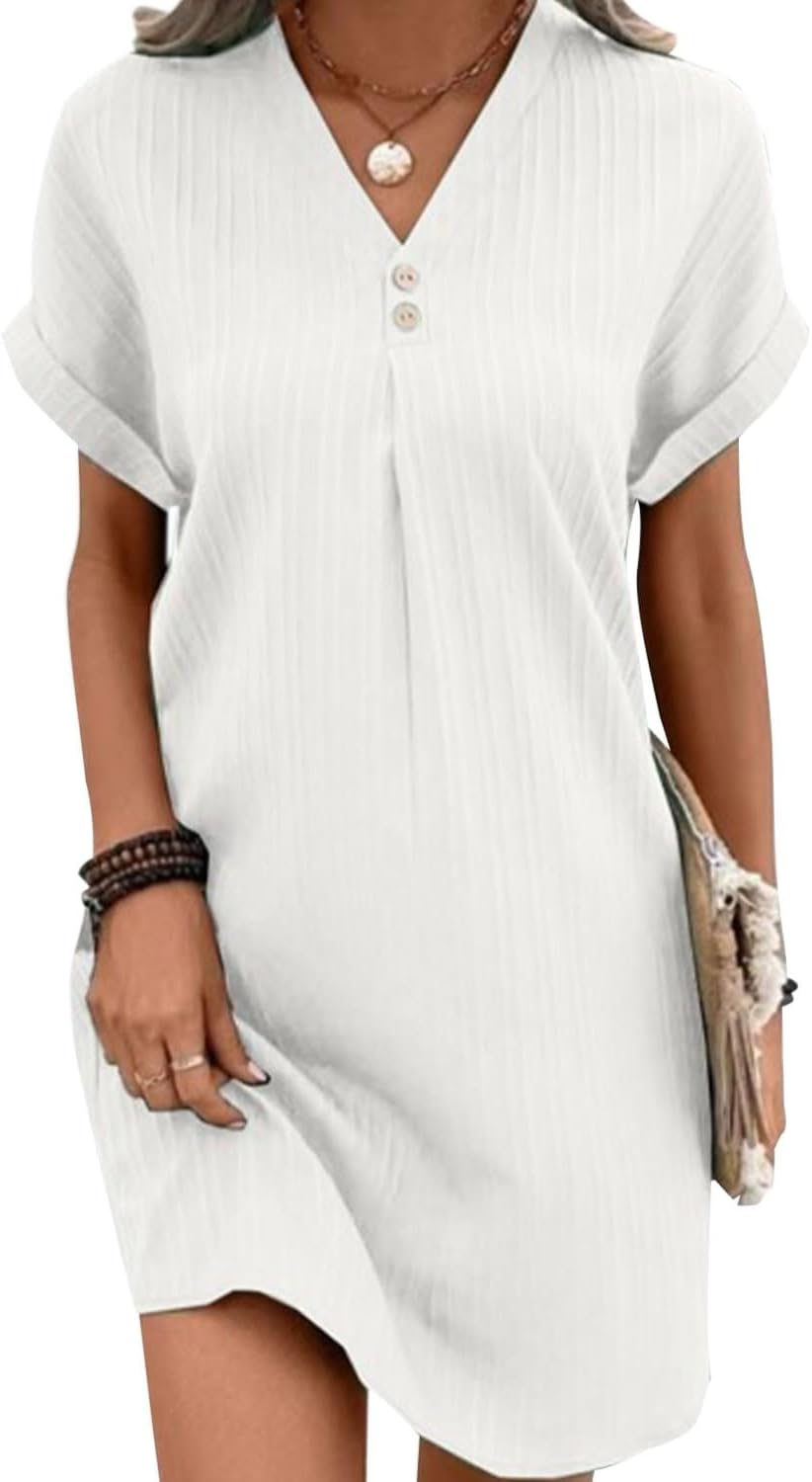 gukoo Summer Dresses for Women 2025 Button V Neck Short Sleeve Pleated Solid Loose Fit Casual Work Ladies Mini T Shirt Dress