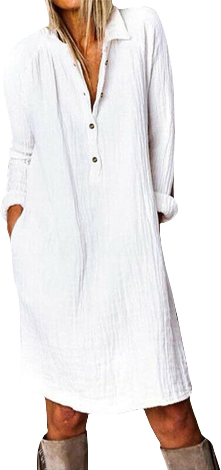 NAILONG Cotton Button Down Shirt Dress for Women Long Sleeve Midi Spring Summer Casual Loose Tshirt Dress with Pockets